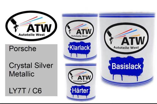 Porsche, Crystal Silver Metallic, LY7T / C6: 1L Lackdose + 1L Klarlack + 500ml Härter - Set, von ATW Autoteile West.